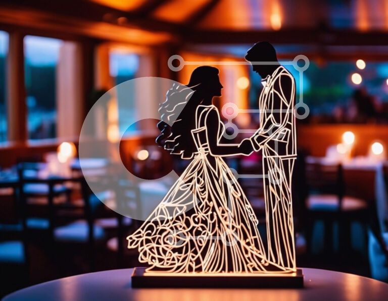 Intra Συλλεκτικό Ξύλινο Παζλ Plywood  4mm - Κομψό γλυπτό νύφης και γαμπρού σε ένα τραπέζι σε ένα εστιατόριο Σε Ξύλινο Κουτί - Διαστάσεις Puzzle: 10x10 cm – 25 κομμάτια