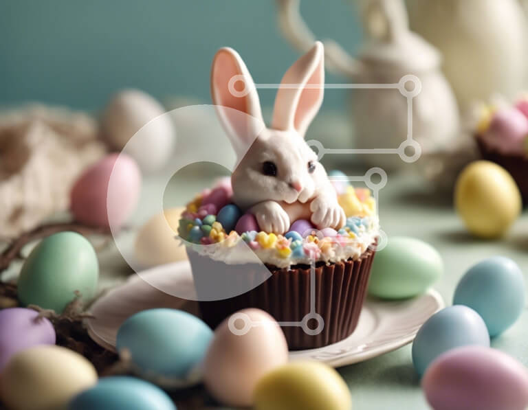 Intra Συλλεκτικό Ξύλινο Παζλ Plywood  4mm - Πασχαλινό cupcake με ειδώλιο λαγουδάκι και πολύχρωμα αυγά Σε Ξύλινο Κουτί - Διαστάσεις: 10x10 cm – 25 κομμάτια