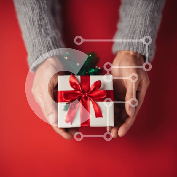 Intra Συλλεκτικό Ξύλινο Παζλ Plywood  4mm - Χέρια που κρατούν ένα κουτί δώρου με κόκκινη κορδέλα και φιόγκο Σε Ξύλινο Κουτί - Διαστάσεις: 10x10 cm – 25 κομμάτια