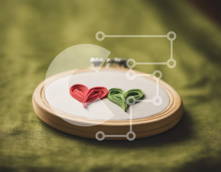 Intra Συλλεκτικό Ξύλινο Παζλ Plywood  4mm - Κέντημα τσέρκι με κόκκινα και πράσινα σχέδια καρδιών Σε Ξύλινο Κουτί - Διαστάσεις Puzzle: 10x10 cm – 25 κομμάτια