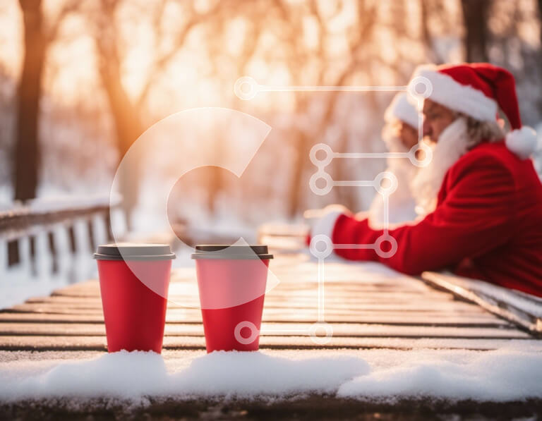 Intra Συλλεκτικό Ξύλινο Παζλ Plywood  4mm - Δύο κόκκινα φλιτζάνια καφέ σε έναν ξύλινο πάγκο στο χιόνι Σε Ξύλινο Κουτί - Διαστάσεις Puzzle: 10x10 cm – 25 κομμάτια