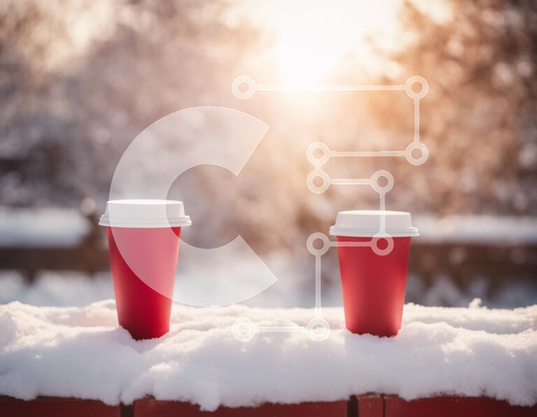 Intra Συλλεκτικό Ξύλινο Παζλ Plywood  4mm - Δύο κόκκινα φλιτζάνια καφέ σε έναν χιονισμένο πάγκο με τον ήλιο στο φόντο Σε Ξύλινο Κουτί - Διαστάσεις Puzzle: 10x10 cm – 25 κομμάτια