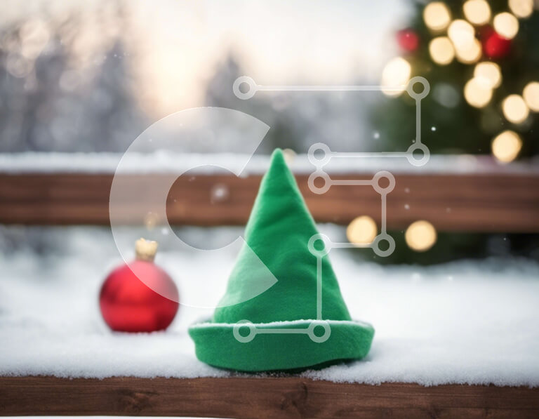 Intra Συλλεκτικό Ξύλινο Παζλ Plywood  4mm - Πράσινο καπέλο ξωτικού και κόκκινη μπάλα στον χιονισμένο πάγκο Σε Ξύλινο Κουτί - Διαστάσεις: 10x10 cm – 25 κομμάτια