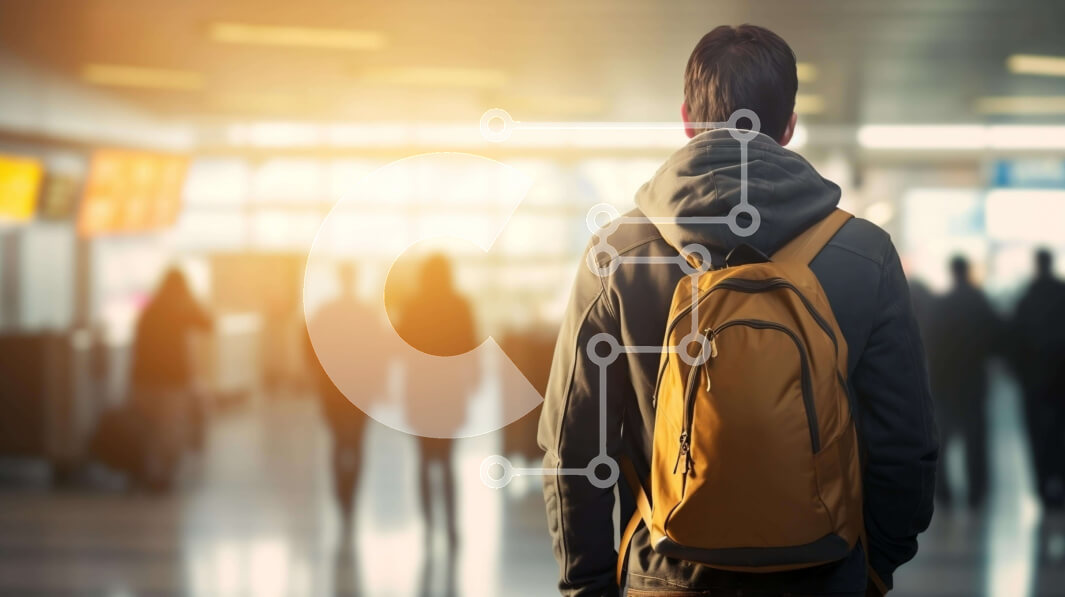 Intra Συλλεκτικό Ξύλινο Παζλ Plywood  4mm - Άτομο που περπατά μέσω του τερματικού σταθμού αεροδρομίου με σακίδιο Σε Ξύλινο Κουτί - Διαστάσεις Puzzle: 10x10 cm – 25 κομμάτια