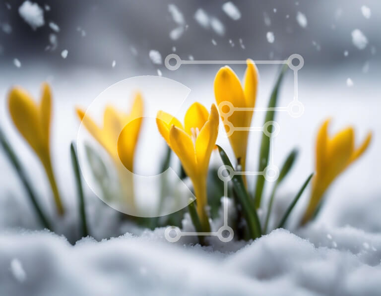 Intra Συλλεκτικό Ξύλινο Παζλ Plywood  4mm - Κίτρινα λουλούδια κρόκου στο χιονισμένο χωράφι Σε Ξύλινο Κουτί - Διαστάσεις: 10x10 cm – 25 κομμάτια