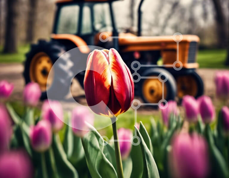 Intra Συλλεκτικό Ξύλινο Παζλ Plywood  4mm - Τρακτέρ και ροζ τουλίπες στο χωράφι Σε Ξύλινο Κουτί - Διαστάσεις: 10x10 cm – 25 κομμάτια