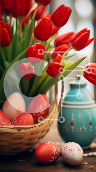 Intra Συλλεκτικό Ξύλινο Παζλ Plywood  4mm - Εορταστικές πασχαλινές διακοσμήσεις με κόκκινες τουλίπες και αυγά Σε Ξύλινο Κουτί - Διαστάσεις: 10x10 cm – 25 κομμάτια