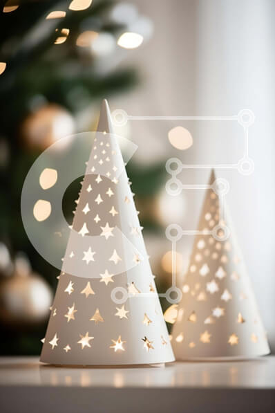 Intra Συλλεκτικό Ξύλινο Παζλ Plywood  4mm - Λευκά κεραμικά χριστουγεννιάτικα δέντρα με πολύχρωμα φώτα και διακοσμητικά Σε Ξύλινο Κουτί - Διαστάσεις: 10x10 cm – 25 κομμάτια