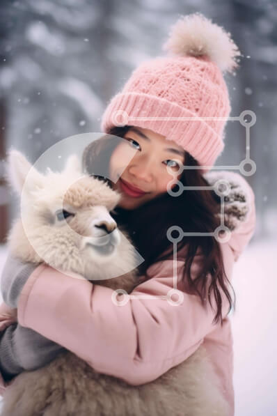 Σετ των 2 Intra Συλλεκτικό Ξύλινο Παζλ Plywood  4mm - Νεαρή γυναίκα που αγκαλιάζει μια λάμα στο χιόνι Σε Ξύλινο Κουτί - Διαστάσεις: 10x10 cm – 25 κομμάτια