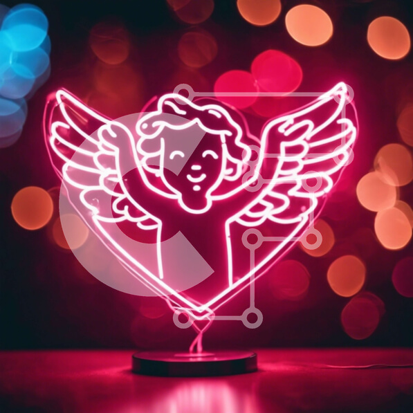 Intra Συλλεκτικό Ξύλινο Παζλ Plywood  4mm - Γλυπτό καρδιάς φτερών αγγέλου νέον σε φόντο Bokeh Σε Ξύλινο Κουτί - Διαστάσεις Puzzle: 10x10 cm – 25 κομμάτια