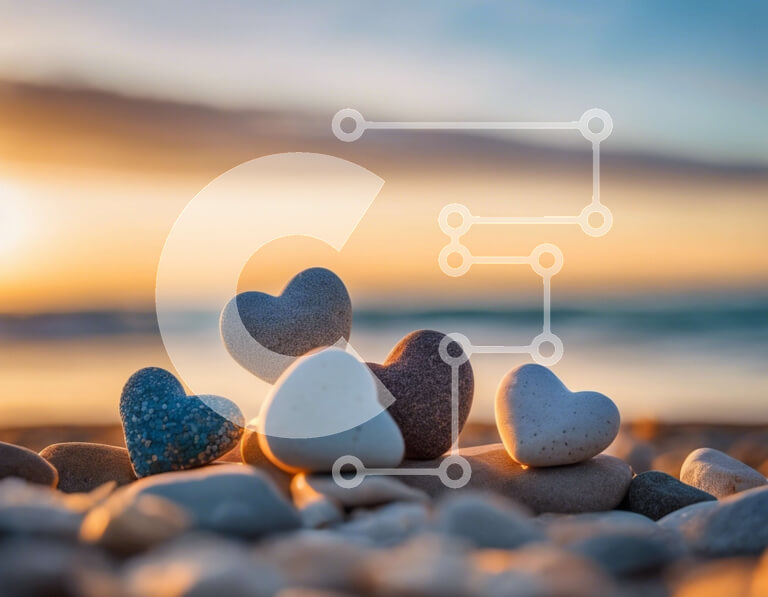 Intra Συλλεκτικό Ξύλινο Παζλ Plywood  4mm - Βότσαλα σε σχήμα καρδιάς στην παραλία στο ηλιοβασίλεμα Σε Ξύλινο Κουτί - Διαστάσεις: 10x10 cm – 25 κομμάτια