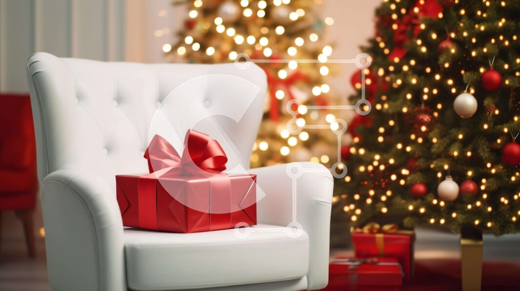 Intra Συλλεκτικό Ξύλινο Παζλ Plywood  4mm - Εορταστική λευκή καρέκλα με χριστουγεννιάτικο δέντρο και κόκκινο κουτί δώρου Σε Ξύλινο Κουτί - Διαστάσεις: 10x10 cm – 25 κομμάτια