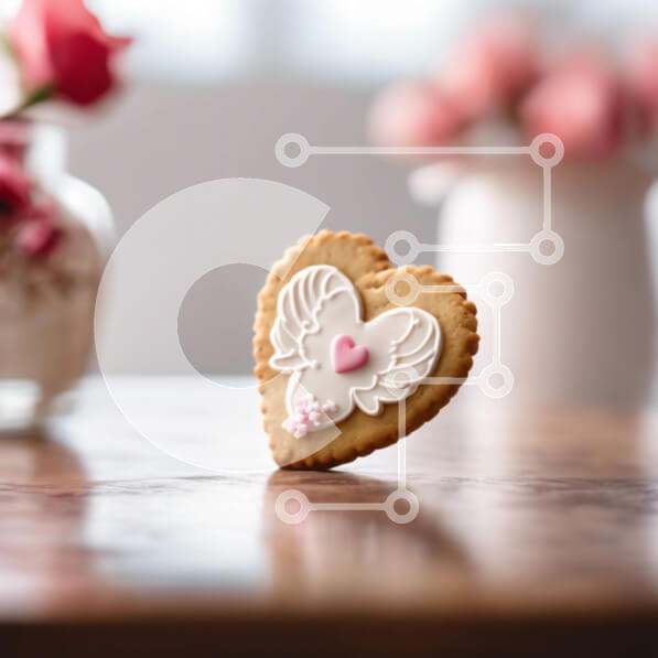 Σετ των 2 Intra Συλλεκτικό Ξύλινο Παζλ Plywood  4mm - Μπισκότο σε σχήμα καρδιάς με ροζ τριαντάφυλλα σε δρύινο ξύλινο τραπέζι Σε Ξύλινο Κουτί - Διαστάσεις: 10x10 cm – 25 κομμάτια