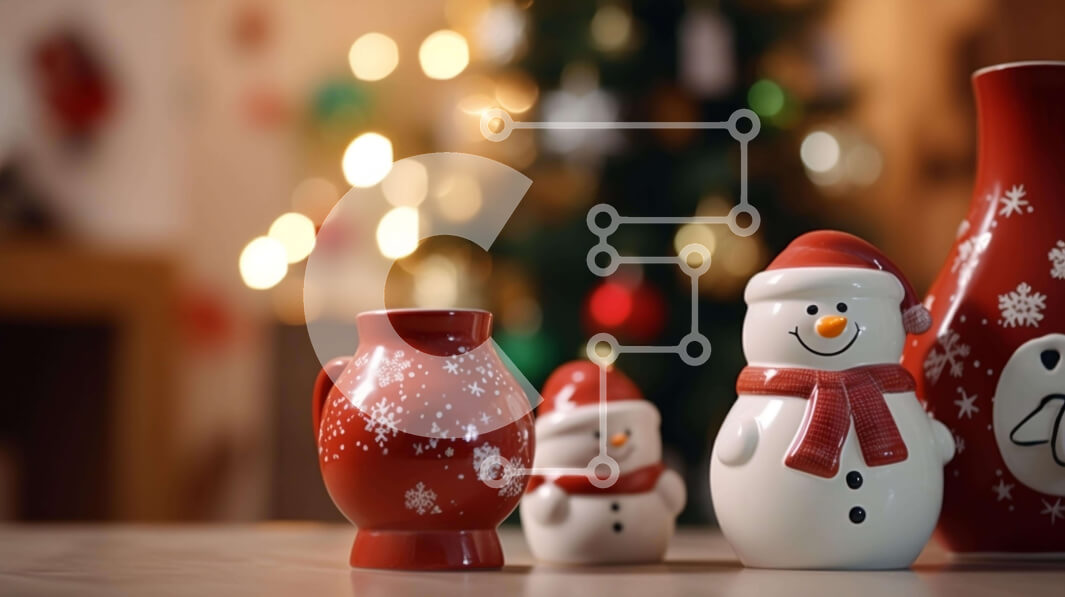 Intra Συλλεκτικό Ξύλινο Παζλ Plywood  4mm - Χριστουγεννιάτικα ειδώλια χιονάνθρωπου στο τραπέζι με κόκκινα βάζα και δέντρο στο φόντο Σε Ξύλινο Κουτί - Διαστάσεις: 10x10 cm – 25 κομμάτια