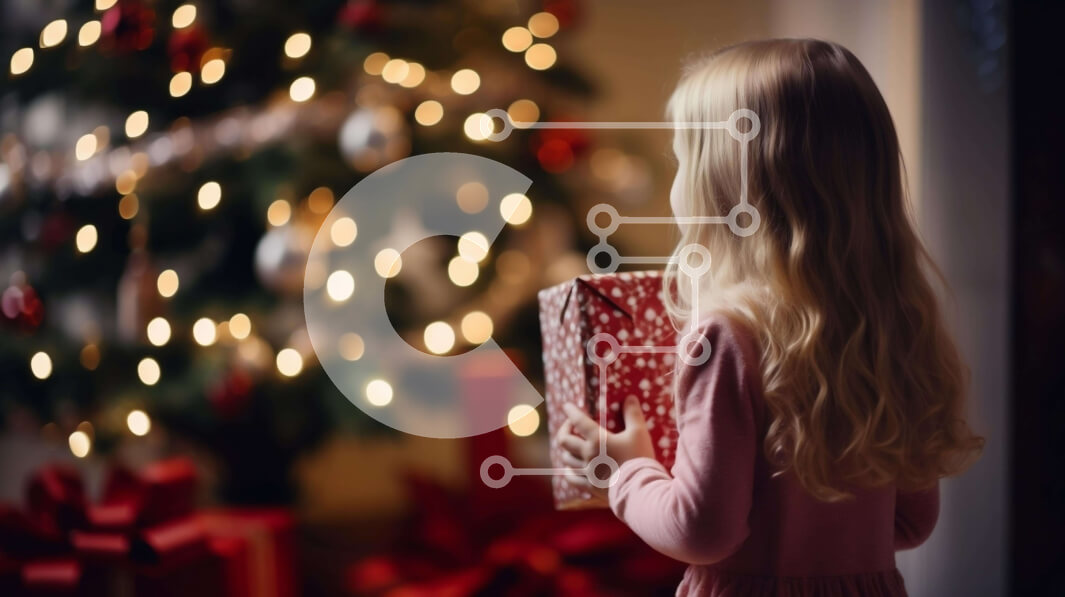 Intra Συλλεκτικό Ξύλινο Παζλ Plywood  4mm - Νεαρό κορίτσι με μακριά ξανθά μαλλιά μπροστά από ένα χριστουγεννιάτικο δέντρο Σε Ξύλινο Κουτί - Διαστάσεις Puzzle: 10x10 cm – 25 κομμάτια