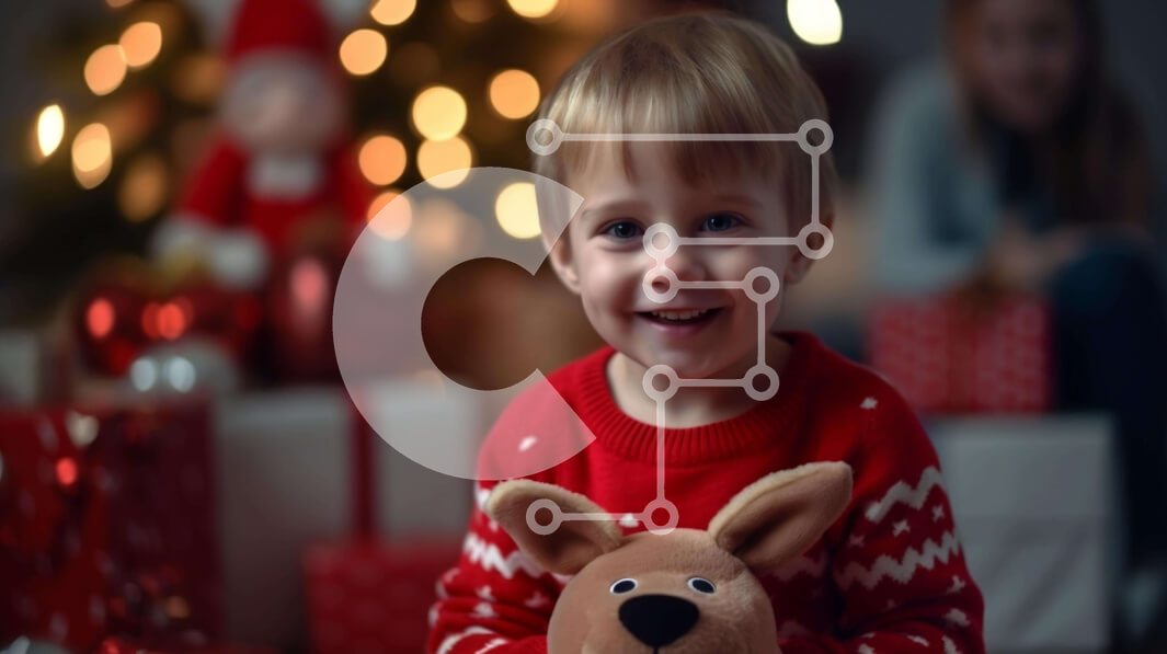 Intra Συλλεκτικό Ξύλινο Παζλ Plywood  4mm - Χαμογελαστό αγόρι με γεμιστό παιχνίδι ταράνδων και χριστουγεννιάτικο δέντρο Σε Ξύλινο Κουτί - Διαστάσεις: 10x10 cm – 25 κομμάτια