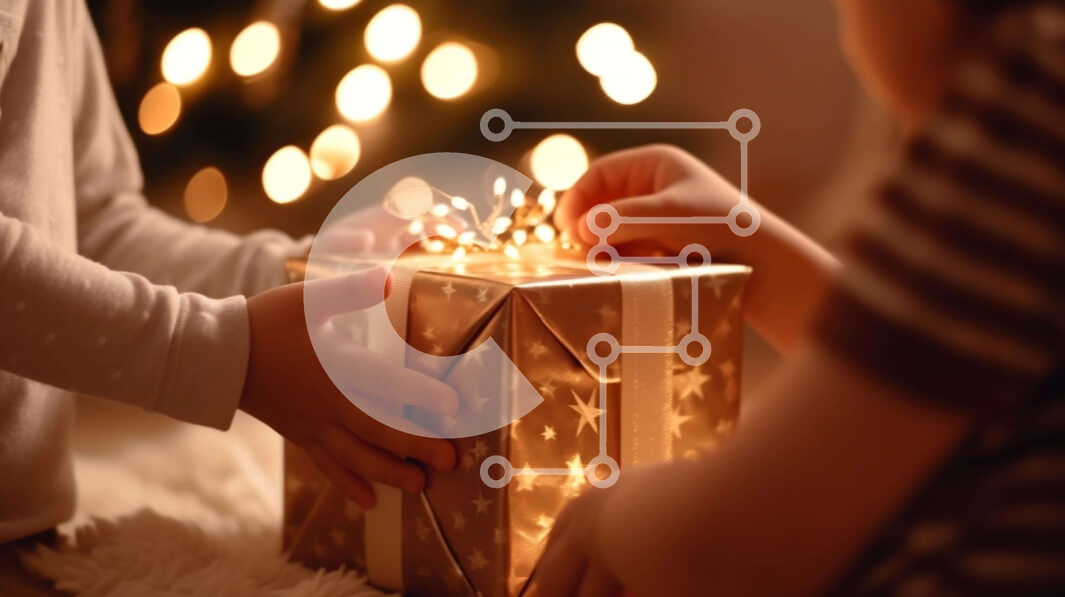 Intra Συλλεκτικό Ξύλινο Παζλ Plywood  4mm - Παιδιά που ανοίγουν το χριστουγεννιάτικο δώρο με τα φώτα και τις διακοσμήσεις Σε Ξύλινο Κουτί - Διαστάσεις: 10x10 cm – 25 κομμάτια