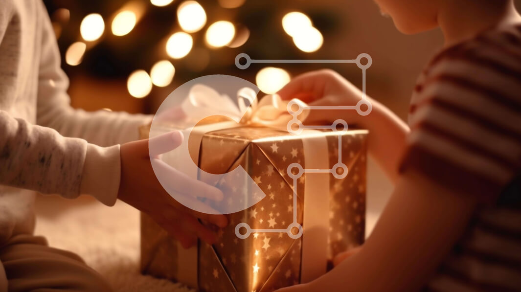 Intra Συλλεκτικό Ξύλινο Παζλ Plywood  4mm - Παιδιά που κρατούν ένα χρυσό κουτί δώρου με φώτα Σε Ξύλινο Κουτί - Διαστάσεις Puzzle: 10x10 cm – 25 κομμάτια