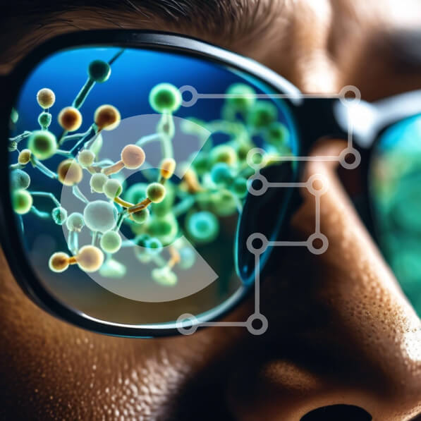 Intra Συλλεκτικό Ξύλινο Παζλ Plywood  4mm - Άνθρωπος που φορά γυαλιά με μοριακή δομή στους φακούς Σε Ξύλινο Κουτί - Διαστάσεις Puzzle: 10x10 cm – 25 κομμάτια