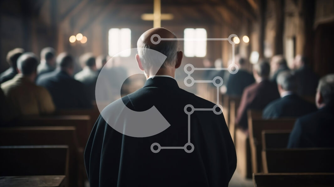 Intra Συλλεκτικό Ξύλινο Παζλ Plywood  4mm - Άνδρας με μαύρες ρόμπες σε μια άδεια εκκλησία Σε Ξύλινο Κουτί - Διαστάσεις Puzzle: 10x10 cm – 25 κομμάτια