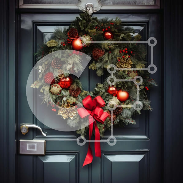 Intra Συλλεκτικό Ξύλινο Παζλ Plywood  4mm - Χριστουγεννιάτικο στεφάνι με πράσινο και στολίδια στην εξώπορτα Σε Ξύλινο Κουτί - Διαστάσεις: 10x10 cm – 25 κομμάτια