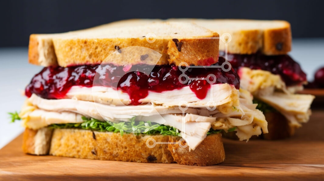 Σετ των 2 Intra Συλλεκτικό Ξύλινο Παζλ Plywood  4mm - Σάντουιτς γαλοπούλας με σάλτσα κράνμπερι σε ξύλινο ξύλο κοπής Σε Ξύλινο Κουτί - Διαστάσεις: 10x10 cm – 25 κομμάτια