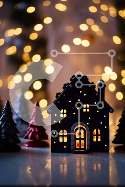 Intra Συλλεκτικό Ξύλινο Παζλ Plywood  4mm - Χριστουγεννιάτικο σπίτι με φώτα και δέντρα διακόσμηση Σε Ξύλινο Κουτί - Διαστάσεις: 10x10 cm – 25 κομμάτια