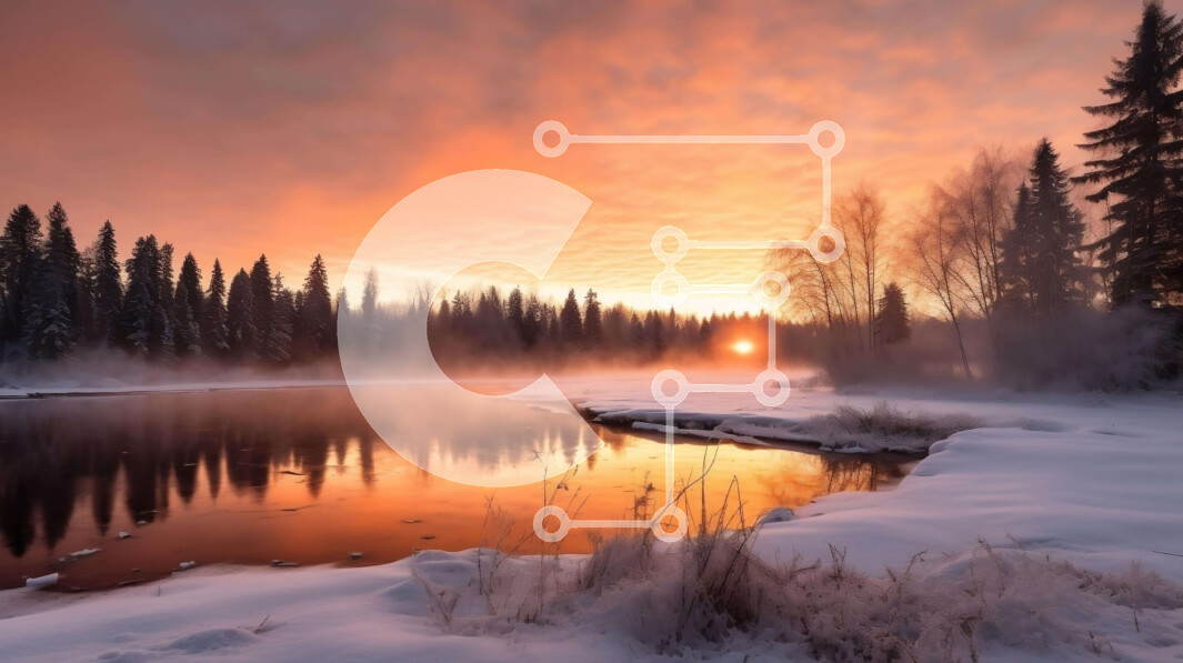 Intra Συλλεκτικό Ξύλινο Παζλ Plywood  4mm - Χιονισμένο ποτάμι με δέντρα και ήλιο που δύει Σε Ξύλινο Κουτί - Διαστάσεις: 10x10 cm – 25 κομμάτια