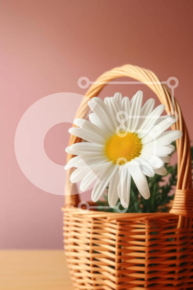 Σετ των 2 Intra Συλλεκτικό Ξύλινο Παζλ Plywood  4mm - Λευκό λουλούδι μαργαρίτας σε ψάθινο καλάθι στο τραπέζι Σε Ξύλινο Κουτί - Διαστάσεις: 10x10 cm – 25 κομμάτια