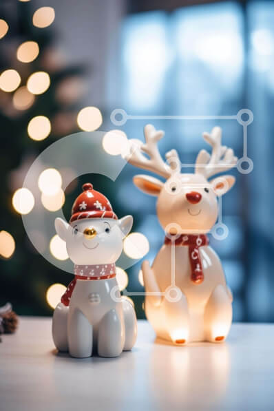 Intra Συλλεκτικό Ξύλινο Παζλ Plywood  4mm - Κεραμικά ειδώλια ταράνδων που γιορτάζουν τα Χριστούγεννα μπροστά από ένα φωτισμένο δέντρο Σε Ξύλινο Κουτί - Διαστάσεις: 10x10 cm – 25 κομμάτια