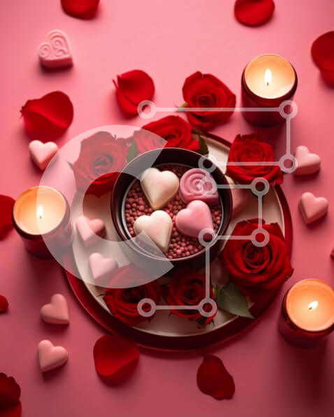 Intra Συλλεκτικό Ξύλινο Παζλ Plywood  4mm - Ρομαντική ρύθμιση για την ημέρα του Αγίου Βαλεντίνου με ροζ φόντο Σε Ξύλινο Κουτί - Διαστάσεις Puzzle: 10x10 cm – 25 κομμάτια