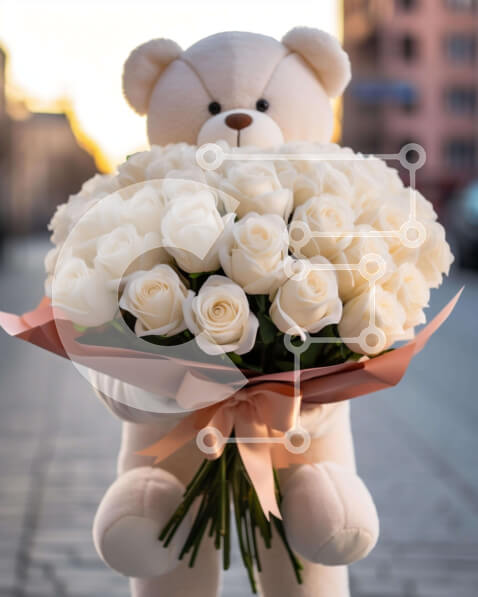 Intra Συλλεκτικό Ξύλινο Παζλ Plywood  4mm - Teddy Bear που κρατά λευκά τριαντάφυλλα Σε Ξύλινο Κουτί - Διαστάσεις: 10x10 cm – 25 κομμάτια