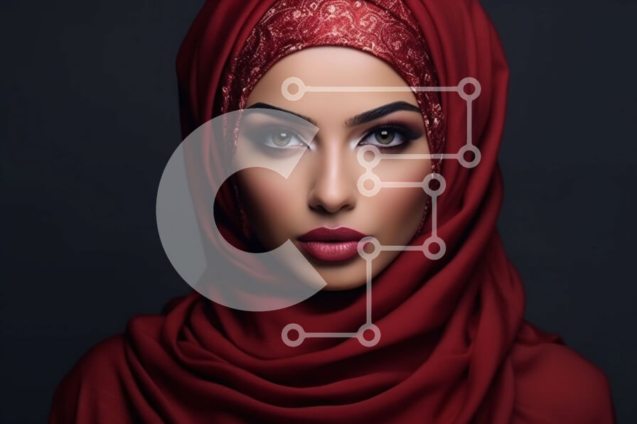 Intra Συλλεκτικό Ξύλινο Παζλ Plywood  4mm - Σοβαρό πορτρέτο μιας όμορφης γυναίκας που φοράει κόκκινο χιτζάμπ Σε Ξύλινο Κουτί - Διαστάσεις Puzzle: 10x10 cm – 25 κομμάτια