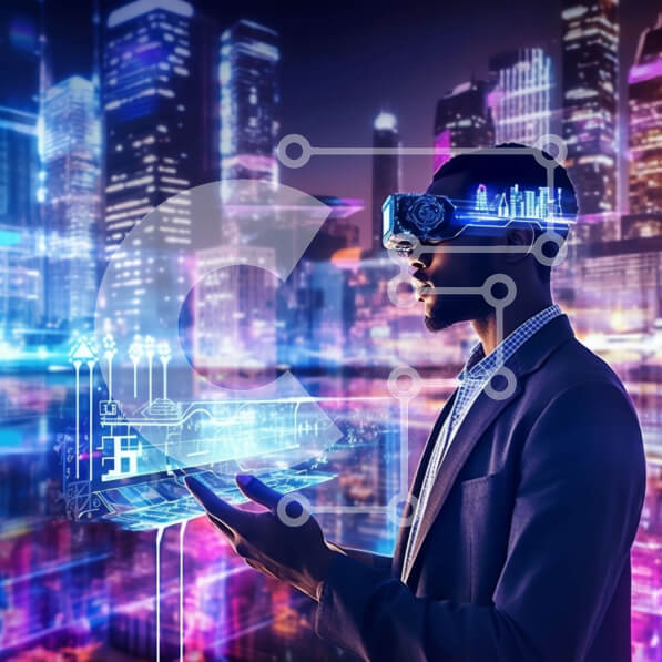 Intra Συλλεκτικό Ξύλινο Παζλ Plywood  4mm - Φουτουριστική εικόνα ανθρώπου με ακουστικά VR και tablet που αλληλεπιδρά με τον ορίζοντα της πόλης Σε Ξύλινο Κουτί - Διαστάσεις Puzzle: 10x10 cm – 25 κομμάτια