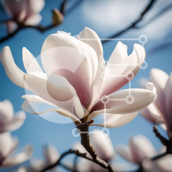 Intra Συλλεκτικό Ξύλινο Παζλ Plywood  4mm - Όμορφη κινηματογράφηση σε πρώτο πλάνο ενός λευκού λουλουδιού Magnolia ενάντια σε έναν καθαρό μπλε ουρανό Σε Ξύλινο Κουτί - Διαστάσεις: 10x10 cm – 25 κομμάτια