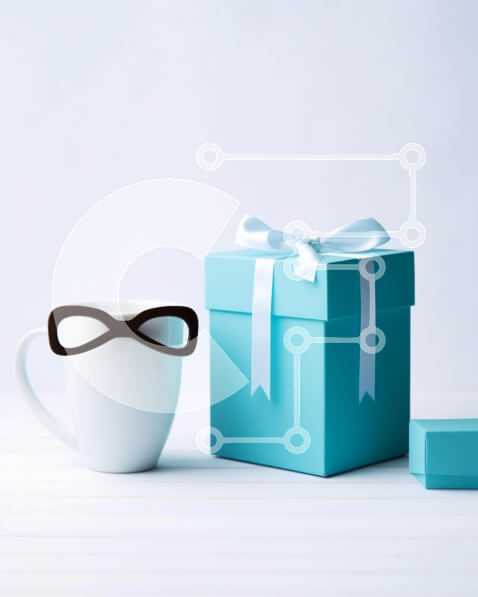 Intra Συλλεκτικό Ξύλινο Παζλ Plywood  4mm - Μπλε κουτί δώρου με ποτήρια και φλιτζάνι καφέ Σε Ξύλινο Κουτί - Διαστάσεις Puzzle: 10x10 cm – 25 κομμάτια