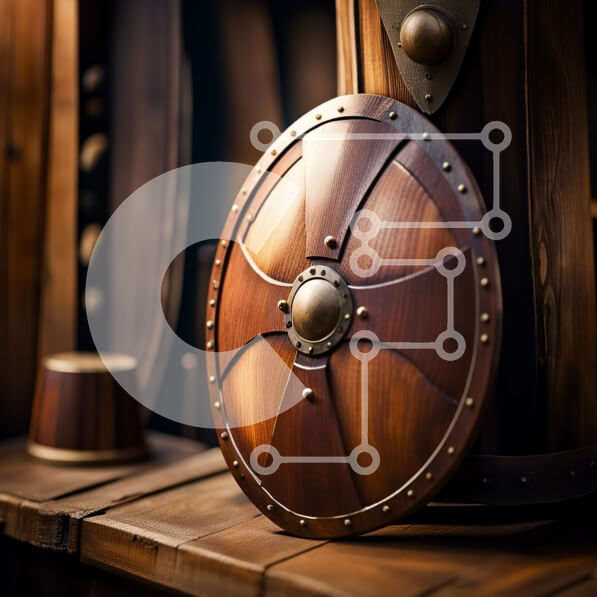 Intra Συλλεκτικό Ξύλινο Παζλ Plywood  4mm - Ξύλινη ασπίδα περίτεχνα σκαλισμένη με δερμάτινο λουρί - Κοντινή θέα Σε Ξύλινο Κουτί - Διαστάσεις Puzzle: 10x10 cm – 25 κομμάτια