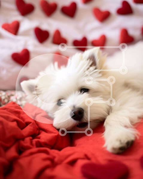 Σετ των 2 Intra Συλλεκτικό Ξύλινο Παζλ Plywood  4mm - Μικρό λευκό σκυλί στο κρεβάτι με κόκκινες καρδιές Σε Ξύλινο Κουτί - Διαστάσεις: 10x10 cm – 25 κομμάτια