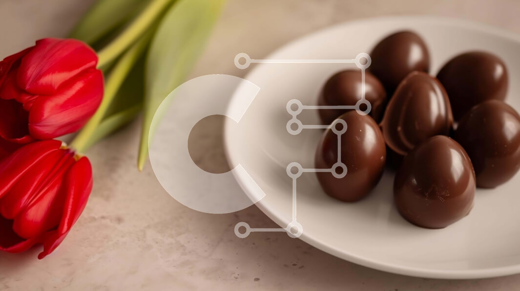 Intra Συλλεκτικό Ξύλινο Παζλ Plywood  4mm - Γλυκιά γιορτή του Αγίου Βαλεντίνου με σοκολατένια αυγά και κόκκινες τουλίπες Σε Ξύλινο Κουτί - Διαστάσεις: 10x10 cm – 25 κομμάτια