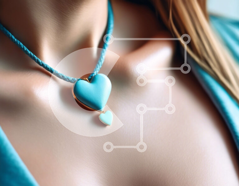 Intra Συλλεκτικό Ξύλινο Παζλ Plywood  4mm - Κοντινό πλάνο γυναίκας που φοράει τιρκουάζ κολιέ με μενταγιόν σε σχήμα καρδιάς Σε Ξύλινο Κουτί - Διαστάσεις Puzzle: 10x10 cm – 25 κομμάτια