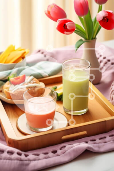 Σετ των 2 Intra Συλλεκτικό Ξύλινο Παζλ Plywood  4mm - Δίσκος πρωινού με χυμούς, καφέ και γλυκά Σε Ξύλινο Κουτί - Διαστάσεις: 10x10 cm – 25 κομμάτια