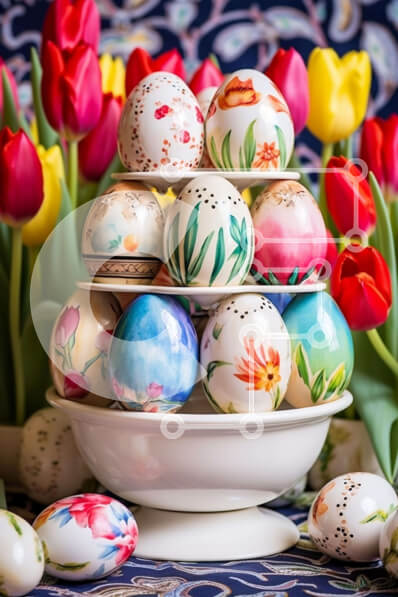 Intra Συλλεκτικό Ξύλινο Παζλ Plywood  4mm - Διακοσμημένα Πασχαλινά αυγά και πολύχρωμες τουλίπες σε λευκό μπολ Σε Ξύλινο Κουτί - Διαστάσεις: 10x10 cm – 25 κομμάτια