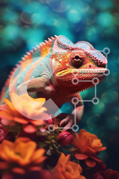 Σετ των 2 Intra Συλλεκτικό Ξύλινο Παζλ Plywood  4mm - Ζωντανή εικόνα ενός χαμαιλέοντα σε ένα κλαδί με ένα όμορφο λουλουδάτο φόντο Σε Ξύλινο Κουτί - Διαστάσεις: 10x10 cm – 25 κομμάτια