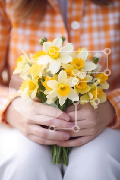 Intra Συλλεκτικό Ξύλινο Παζλ Plywood  4mm - Γυναίκα που κρατά ένα μπουκέτο από κίτρινους και λευκούς νάρκισσους Σε Ξύλινο Κουτί - Διαστάσεις Puzzle: 10x10 cm – 25 κομμάτια