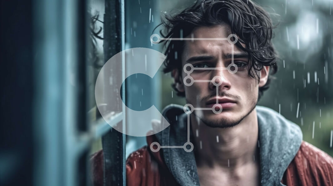 Intra Συλλεκτικό Ξύλινο Παζλ Plywood  4mm - Ασπρόμαυρη φωτογραφία ενός νεαρού άνδρα που στέκεται στη βροχή και κοιτάζει έξω από ένα παράθυρο Σε Ξύλινο Κουτί - Διαστάσεις Puzzle: 10x10 cm – 25 κομμάτια