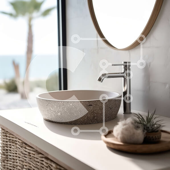 Intra Συλλεκτικό Ξύλινο Παζλ Plywood  4mm - Κομψός νιπτήρας μπάνιου από σκυρόδεμα και στρογγυλός καθρέφτης με θέα στην παραλία Σε Ξύλινο Κουτί - Διαστάσεις Puzzle: 10x10 cm – 25 κομμάτια