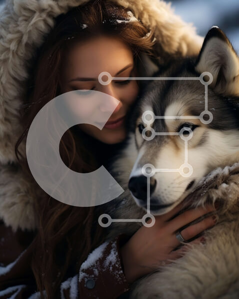 Σετ των 2 Intra Συλλεκτικό Ξύλινο Παζλ Plywood  4mm - Συγκινητική εικόνα μιας γυναίκας που αγκαλιάζει ένα γούνινο σκυλί στο χιόνι Σε Ξύλινο Κουτί - Διαστάσεις: 10x10 cm – 25 κομμάτια