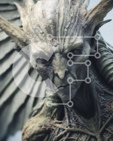 Intra Συλλεκτικό Ξύλινο Παζλ Plywood  4mm - Κοντινό πλάνο ενός αγάλματος Gargoyle με κέρατα, φτερά και αιχμηρά δόντια Σε Ξύλινο Κουτί - Διαστάσεις Puzzle: 10x10 cm – 25 κομμάτια