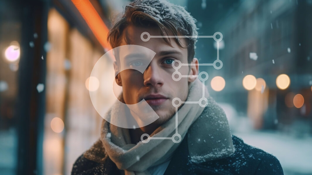 Intra Συλλεκτικό Ξύλινο Παζλ Plywood  4mm - Εικόνα νεαρού άνδρα με μαύρο παλτό και κασκόλ που στέκεται στο χιονισμένο δρόμο τη νύχτα Σε Ξύλινο Κουτί - Διαστάσεις Puzzle: 10x10 cm – 25 κομμάτια