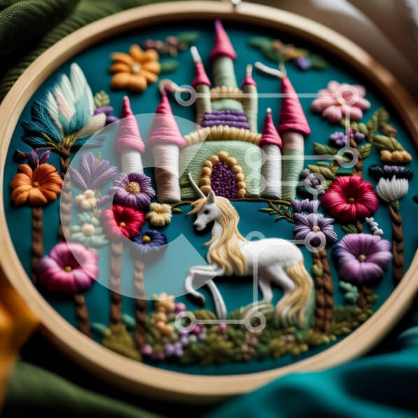 Intra Συλλεκτικό Ξύλινο Παζλ Plywood  4mm - Όμορφο τσέρκι κεντήματος με σχέδιο μονόκερου και κάστρου Σε Ξύλινο Κουτί - Διαστάσεις Puzzle: 10x10 cm – 25 κομμάτια